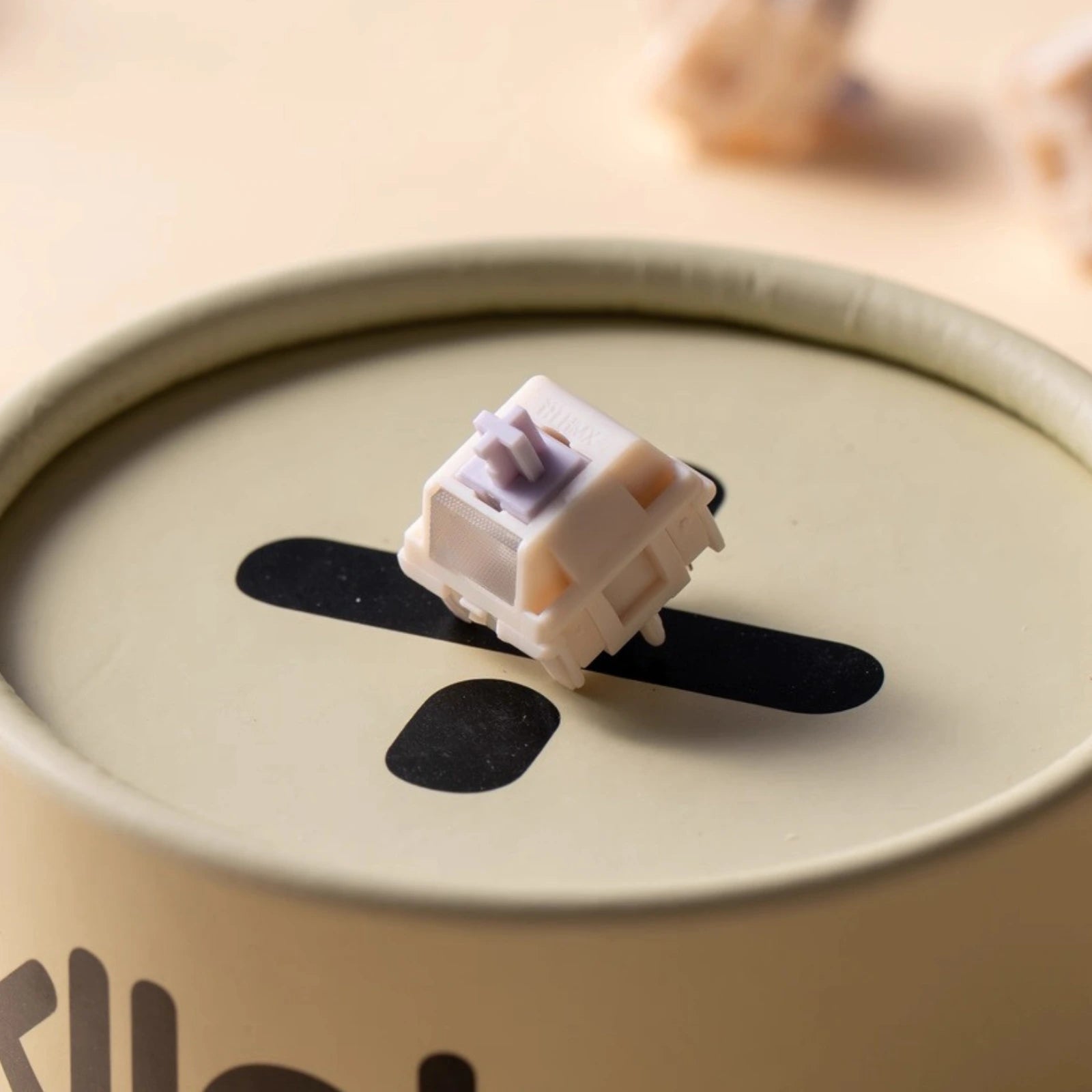 Mechanical keyboard switch on top of a cardboard packaging container