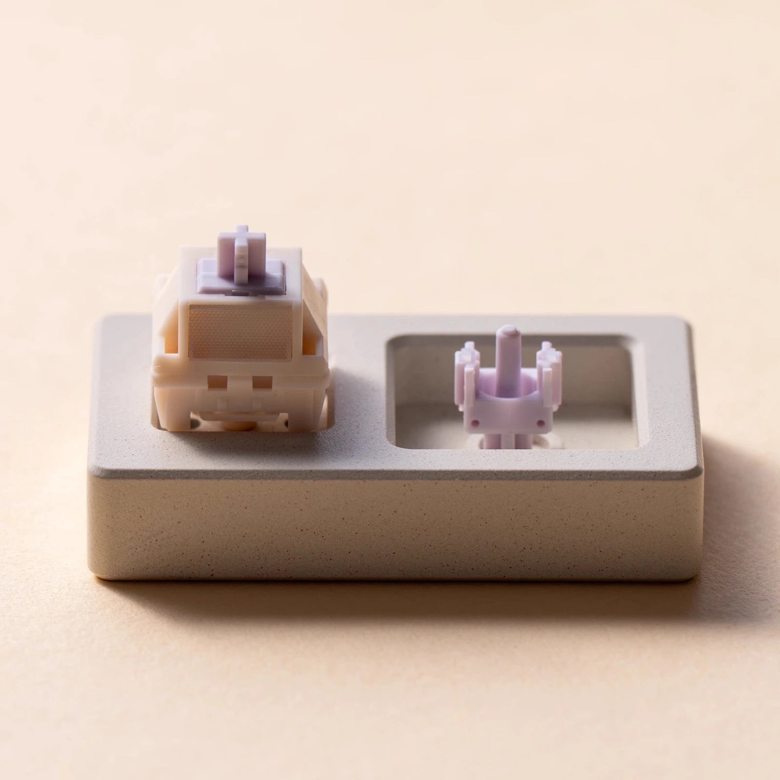 Keyboard switch testing platform with two mechanical keyboard switches on a beige background