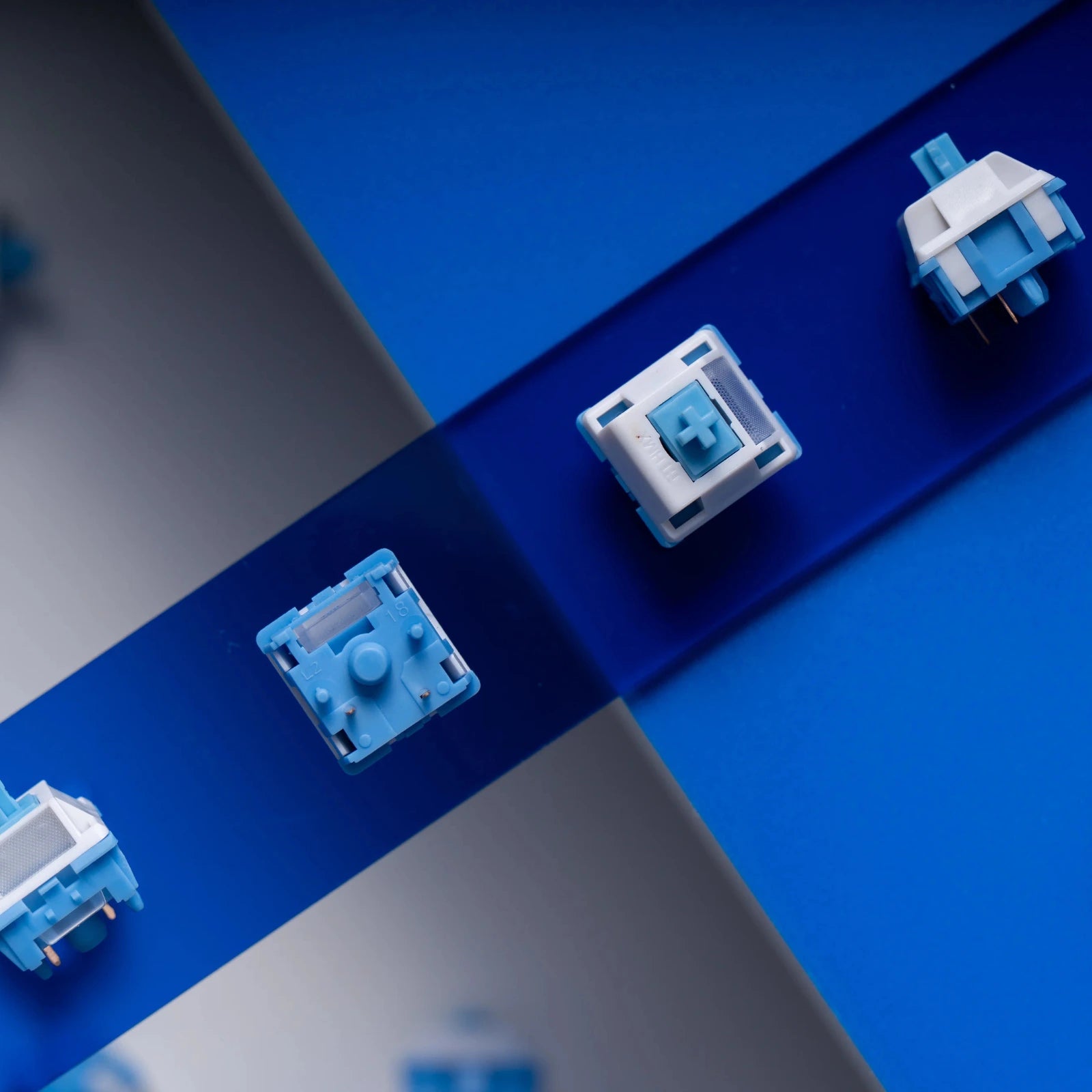 Blue mechanical keyboard switches on a blue and gray background