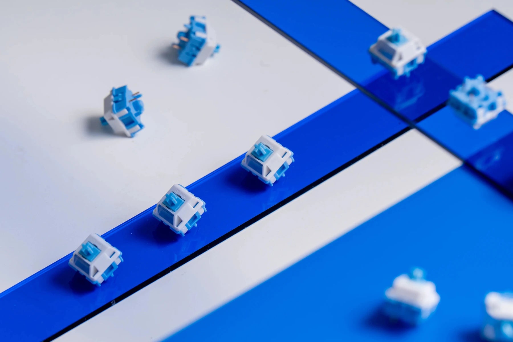Blue and white mechanical keyboard switches on a blue and white background